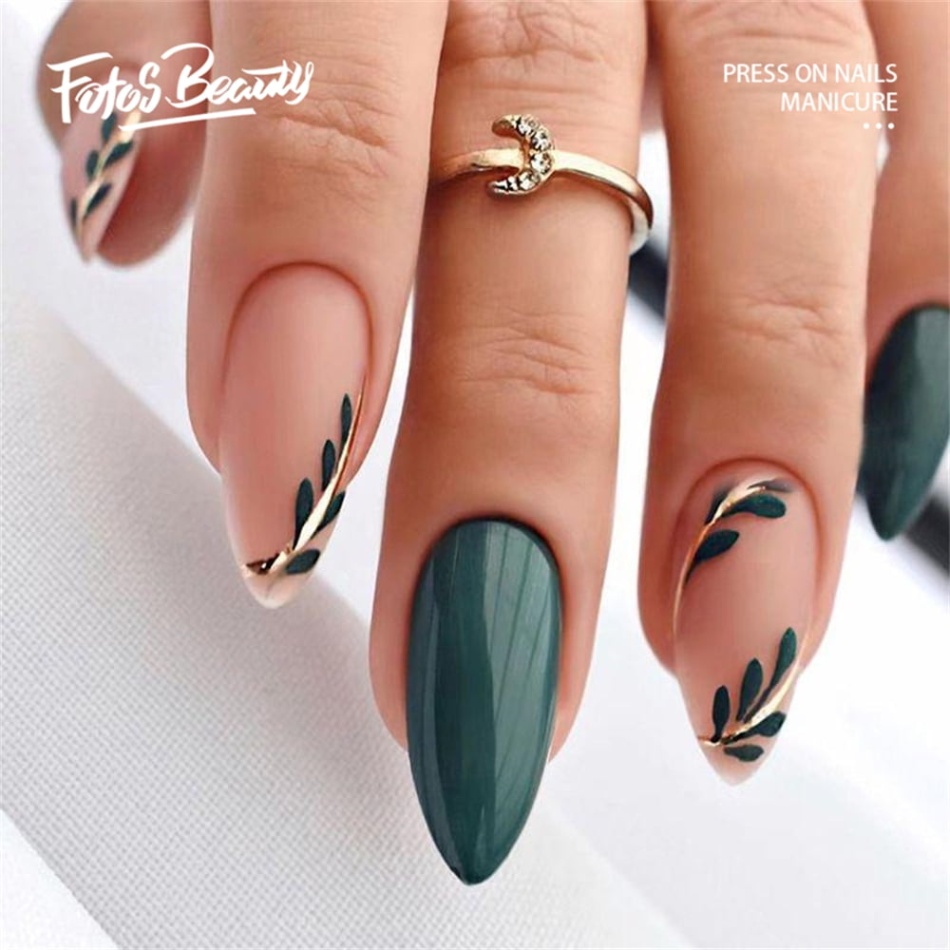 Backdate 1 Fofosbeauty Pcs Medium False Nails, Press On Nails Designs , Almond  Leaf French Gel Ink Green