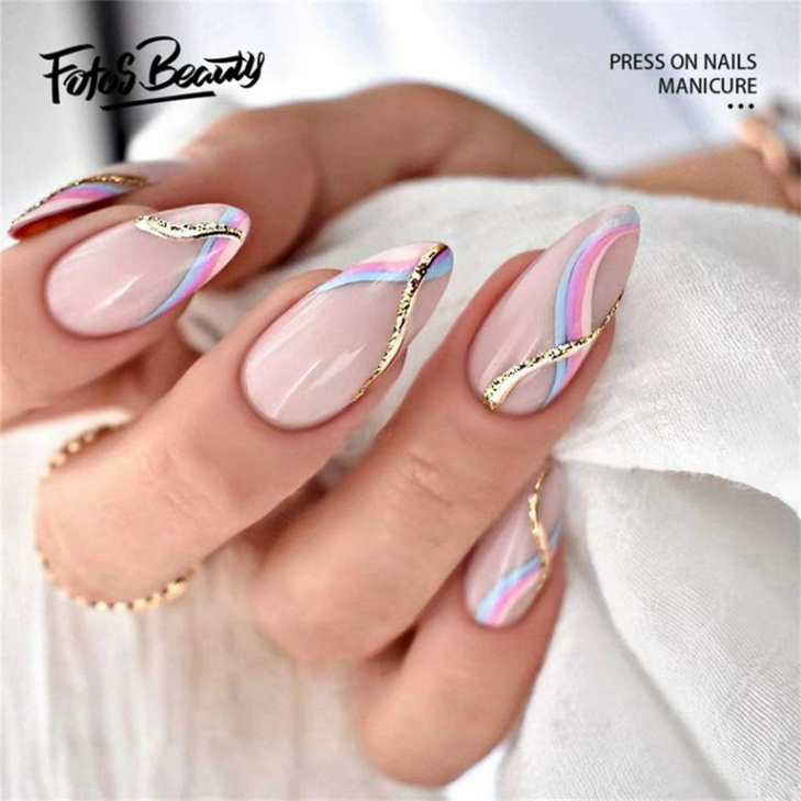 Backdate 4 Fofosbeauty  Pcs Medium False Nails, Press On Nails Designs , Almond  Pop Art French Gold Line