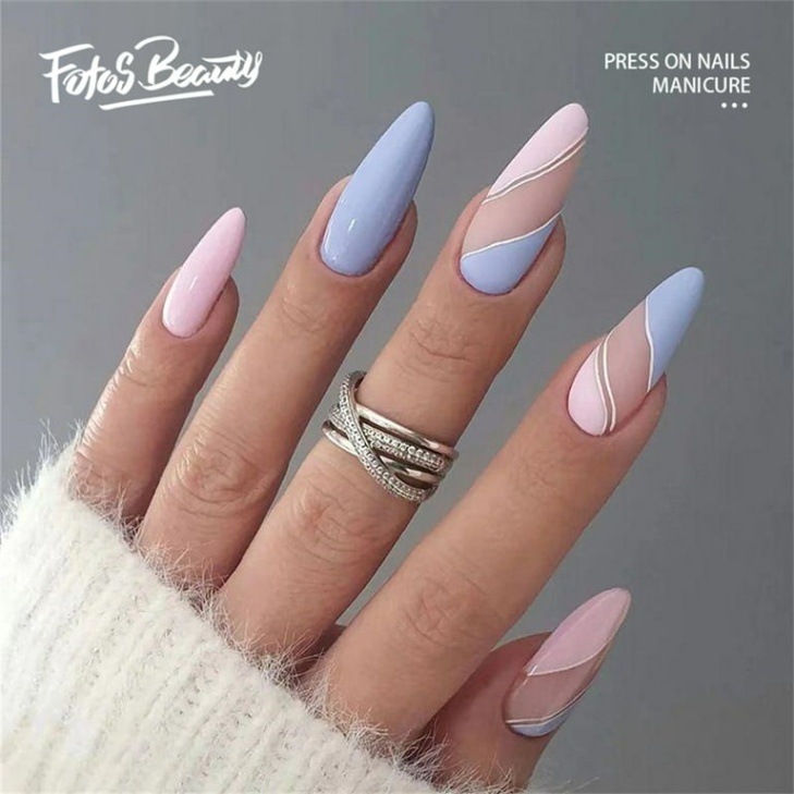 Niche Utama 1 Fofosbeauty  Pcs Medium False Nails, Press On Nails Designs , Almond  Matte Pink Blue Waves