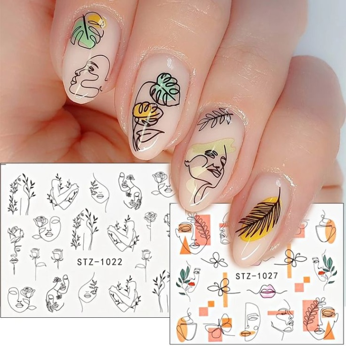 nail design stickers Niche Utama 2 Abstract Art Stickers For Nails Black Liners Flowers Leaf Slider