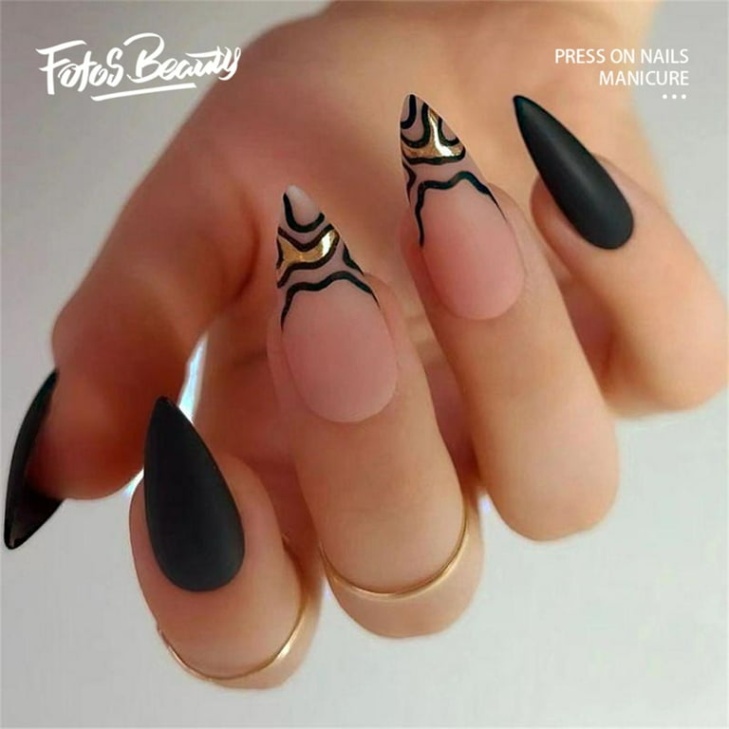 Niche Utama 2 Fofosbeauty  Pcs Medium False Nails, Press On Nails Designs , Almond  Matte Black Waves French