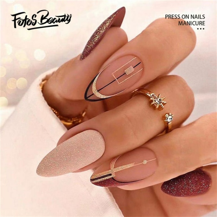 Niche Utama 2 Fofosbeauty  Pcs Medium False Nails, Press On Nails Designs , Almond  Retro Elegant French