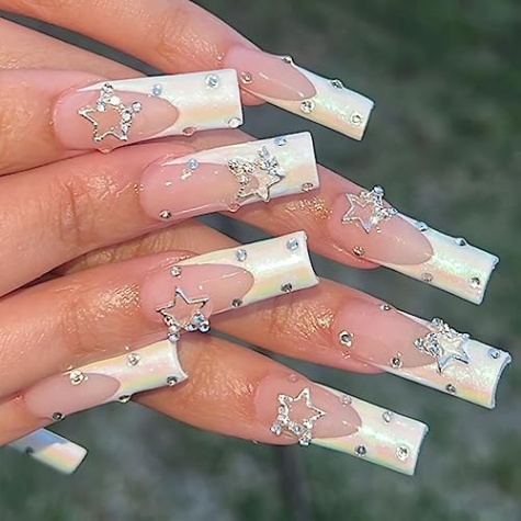 Niche Utama 2 French Tip Press On Nails Long Square Fake Nails White Nail Tip Acrylic  Nails Rhinestone False Nails With Star Design Full Cover Artificial Nails